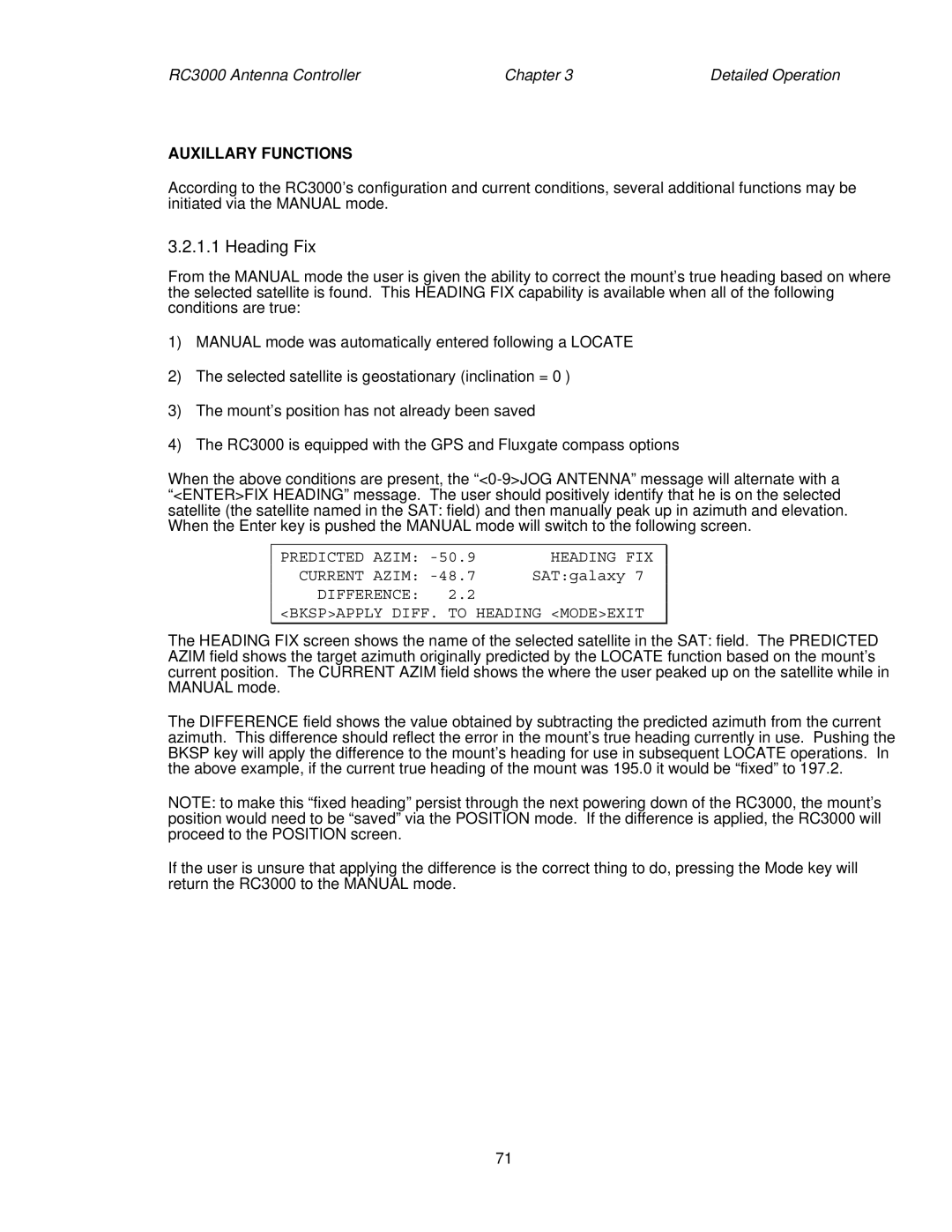 HP RC3000 manual Heading Fix, Auxillary Functions, Predicted Azim Heading FIX Current Azim 