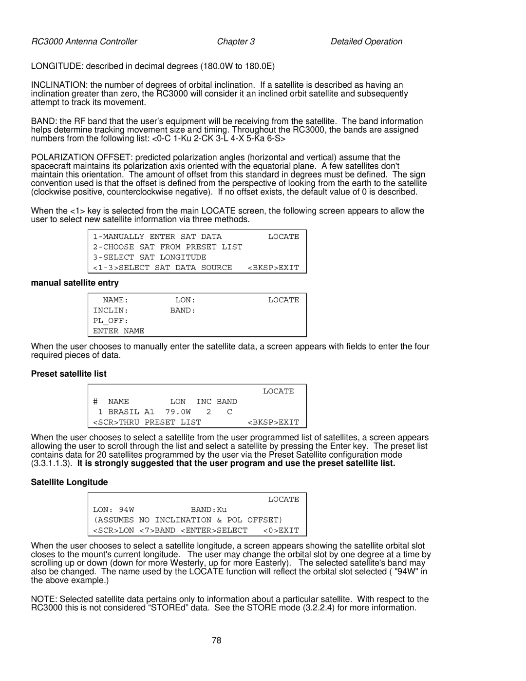 HP RC3000 manual Manual satellite entry, Preset satellite list, Satellite Longitude 