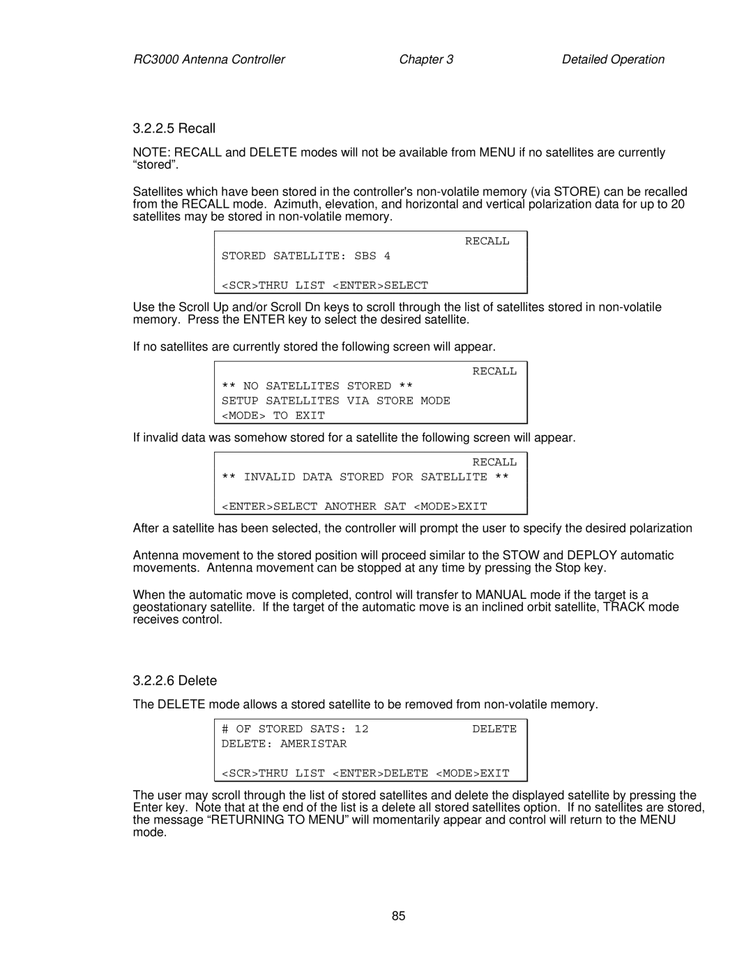 HP RC3000 manual Delete, Recall Stored Satellite SBS Scrthru List Enterselect 
