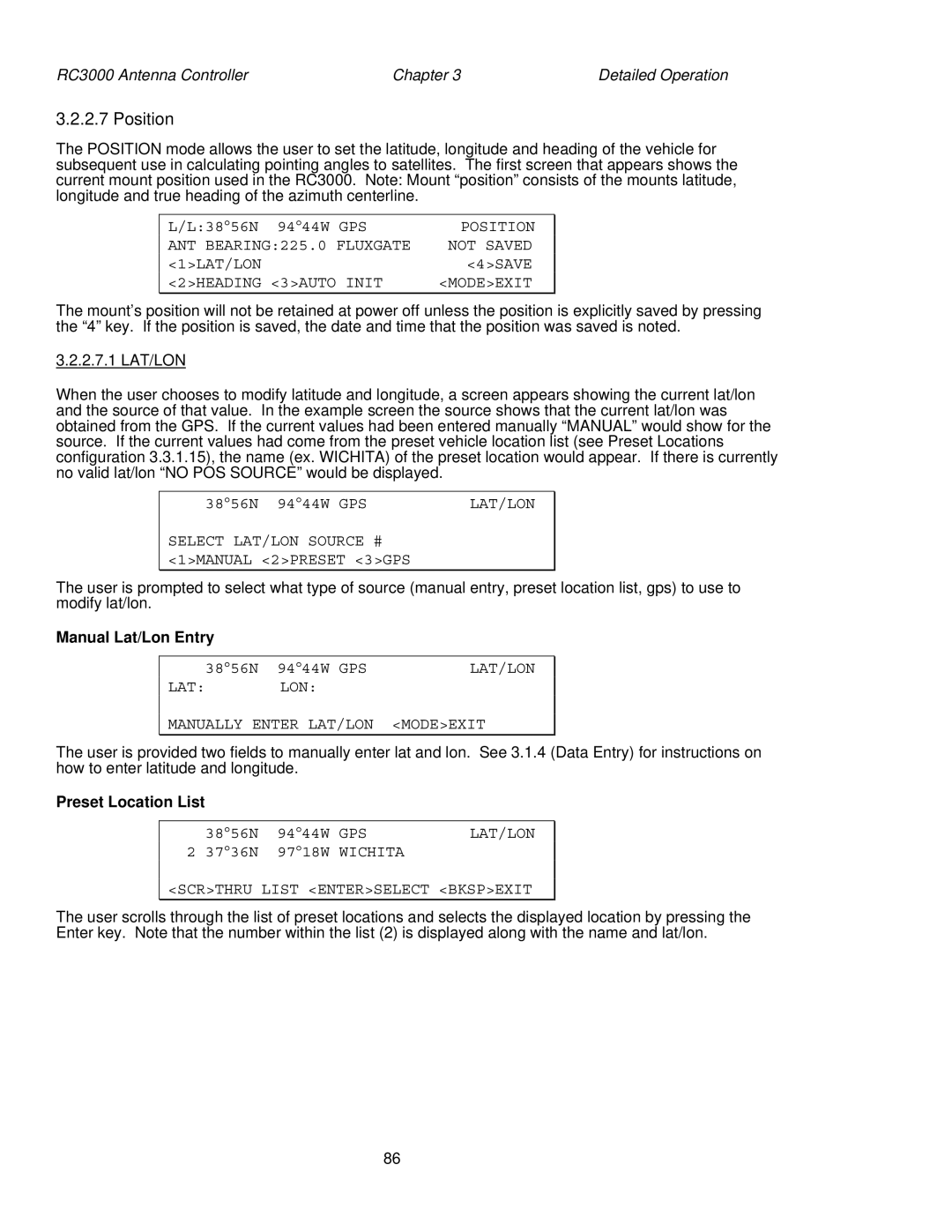 HP RC3000 manual Position, Manual Lat/Lon Entry, Preset Location List 