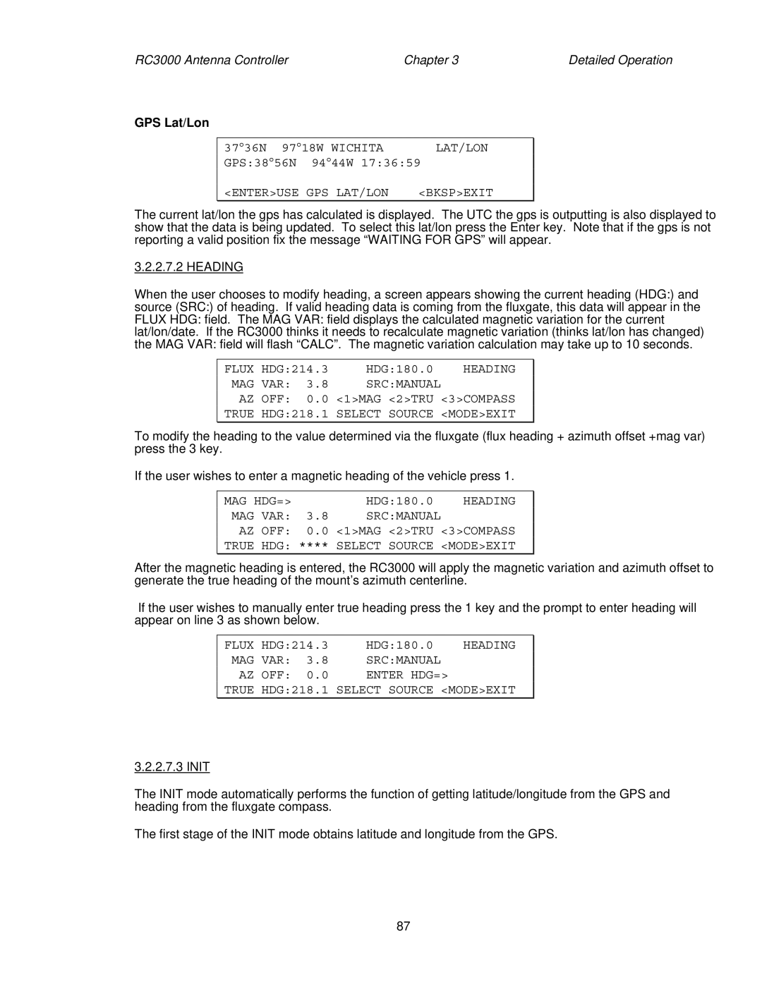 HP RC3000 manual GPS Lat/Lon, Enteruse GPS LAT/LON Bkspexit, Flux, Heading, Mag Hdg= 