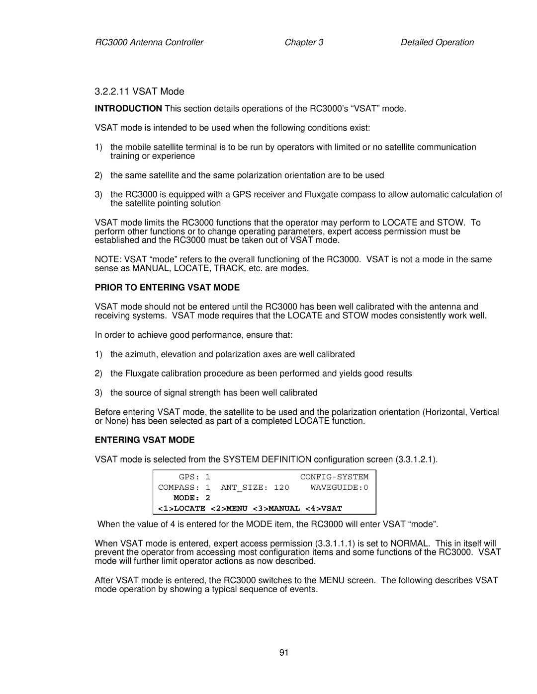 HP RC3000 manual Prior to Entering Vsat Mode, Compass Antsize WAVEGUIDE0 