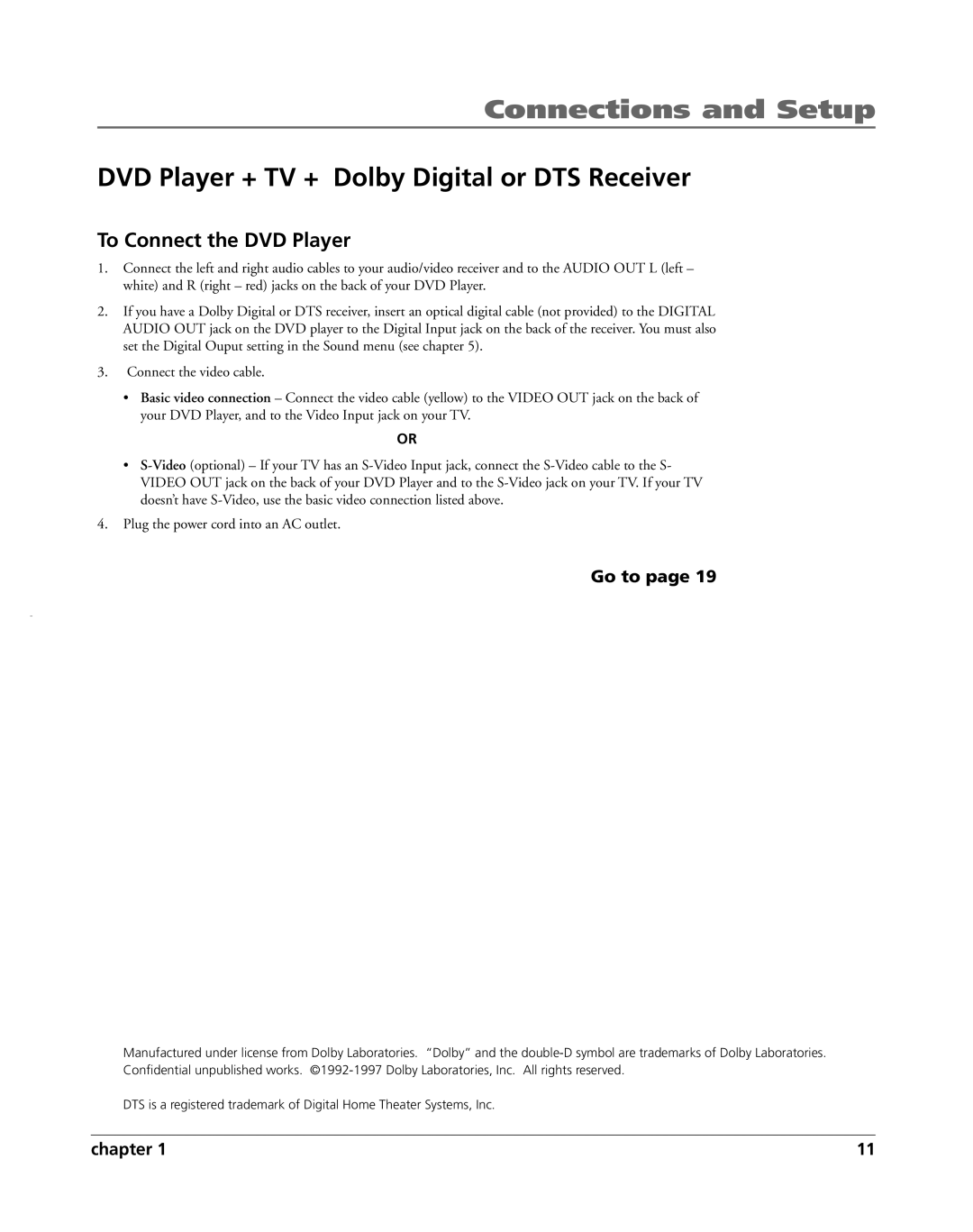 HP RC5240P manual DVD Player + TV + Dolby Digital or DTS Receiver, To Connect the DVD Player 