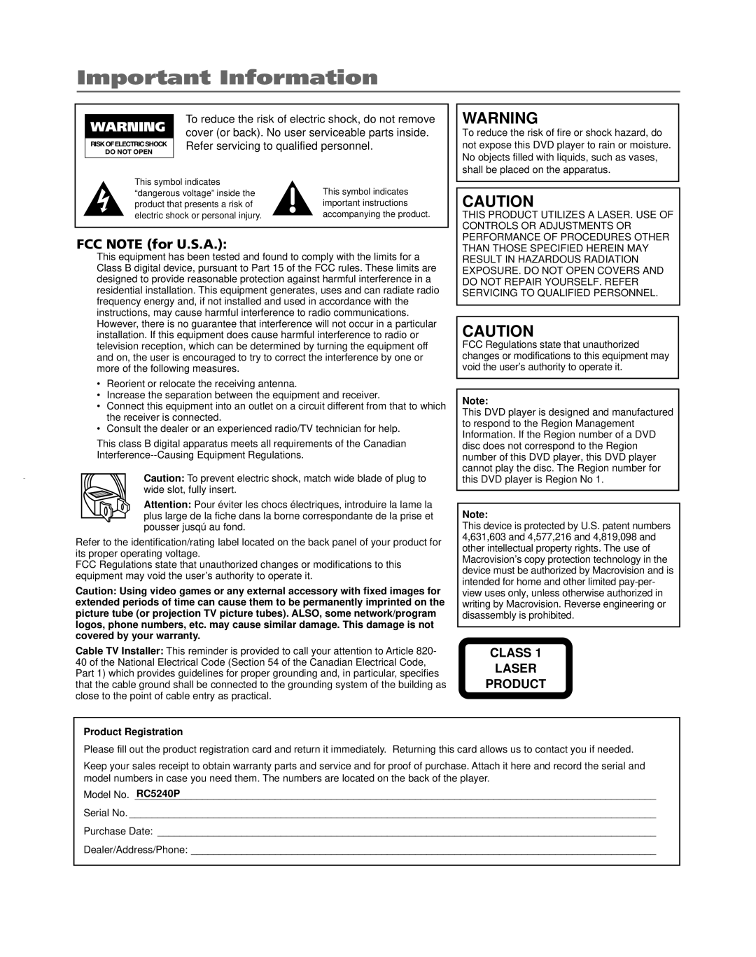 HP RC5240P manual Important Information, FCC Note for U.S.A 