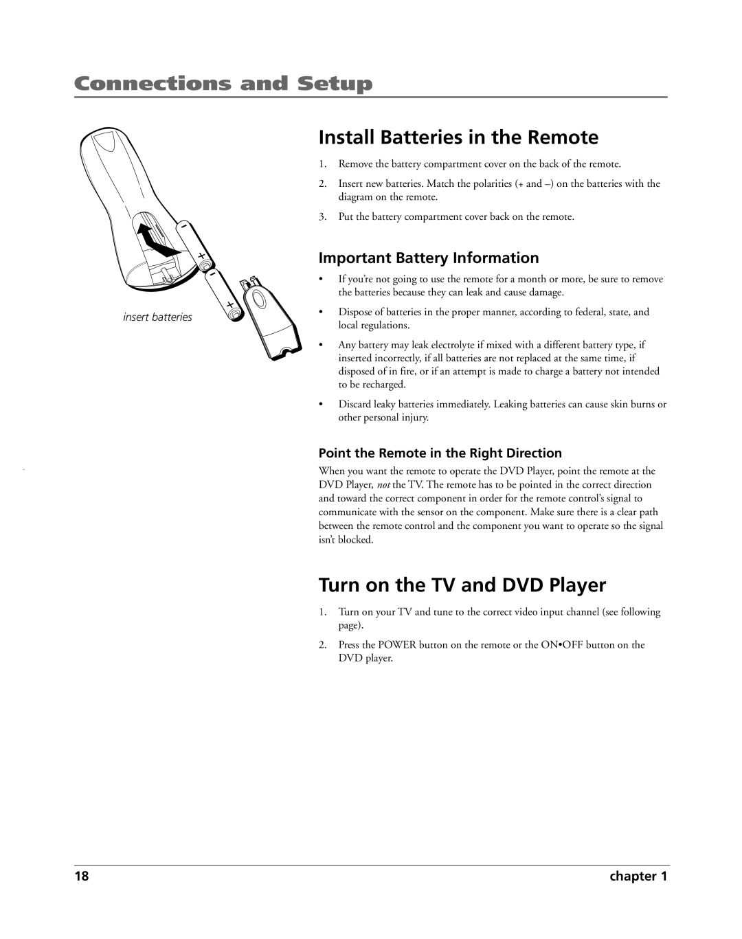 HP RC5240P manual Install Batteries in the Remote, Turn on the TV and DVD Player, Important Battery Information 