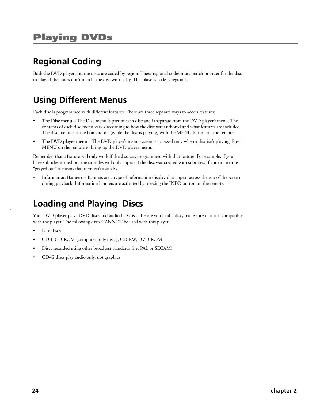 HP RC5240P manual Playing DVDs, Regional Coding, Using Different Menus, Loading and Playing Discs 