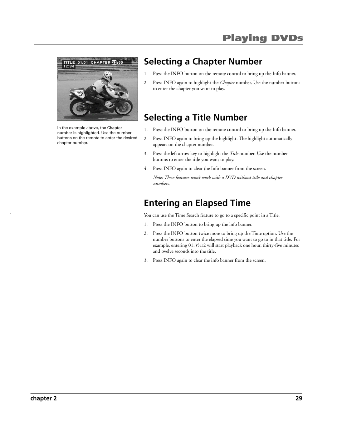 HP RC5240P manual Selecting a Chapter Number, Selecting a Title Number, Entering an Elapsed Time 