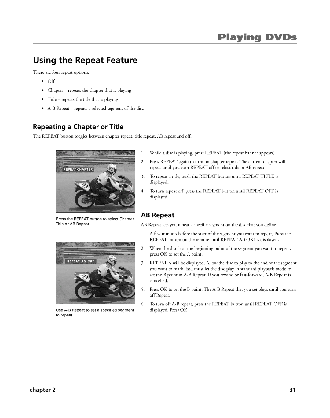 HP RC5240P manual Using the Repeat Feature, Repeating a Chapter or Title, AB Repeat 