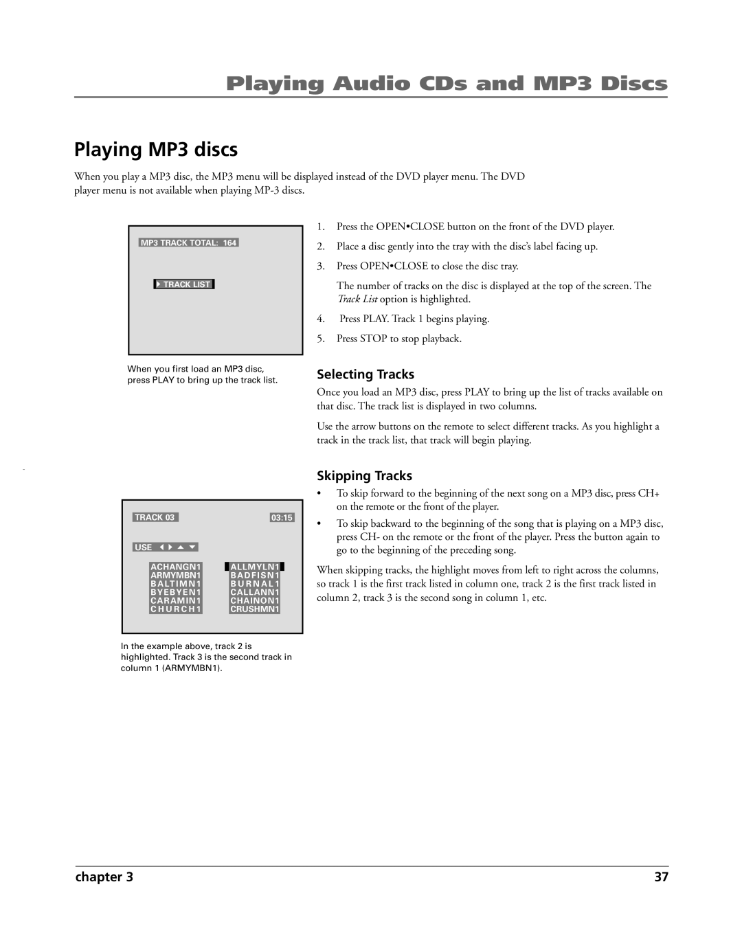 HP RC5240P manual Playing MP3 discs, Selecting Tracks, Skipping Tracks 