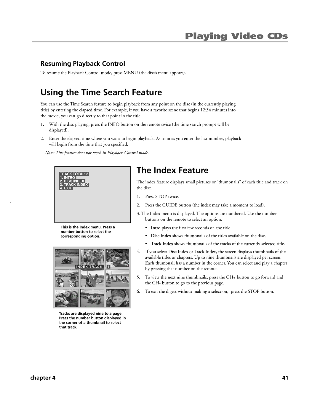 HP RC5240P manual Using the Time Search Feature, Index Feature, Resuming Playback Control 