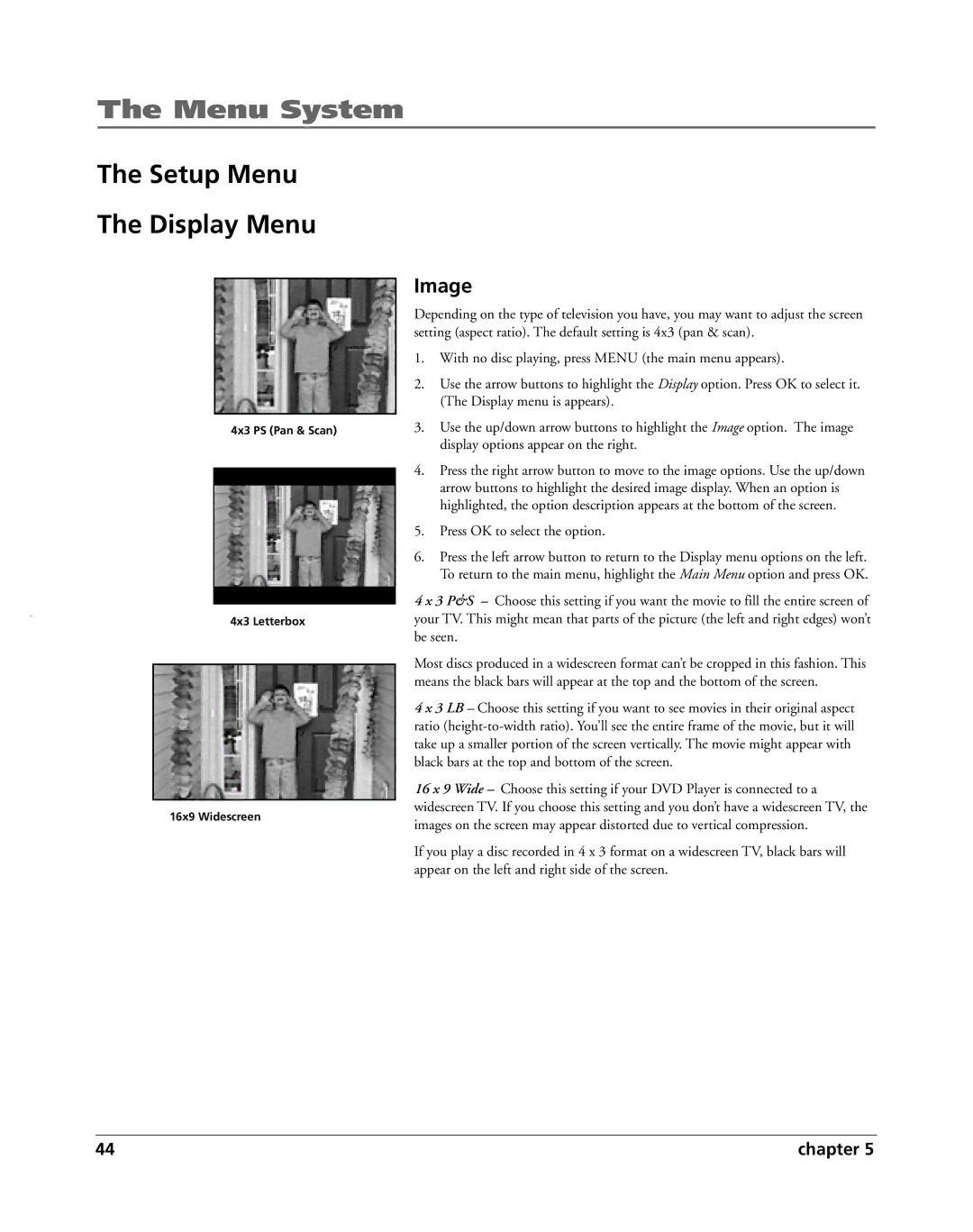 HP RC5240P manual Menu System, Setup Menu The Display Menu, Image 