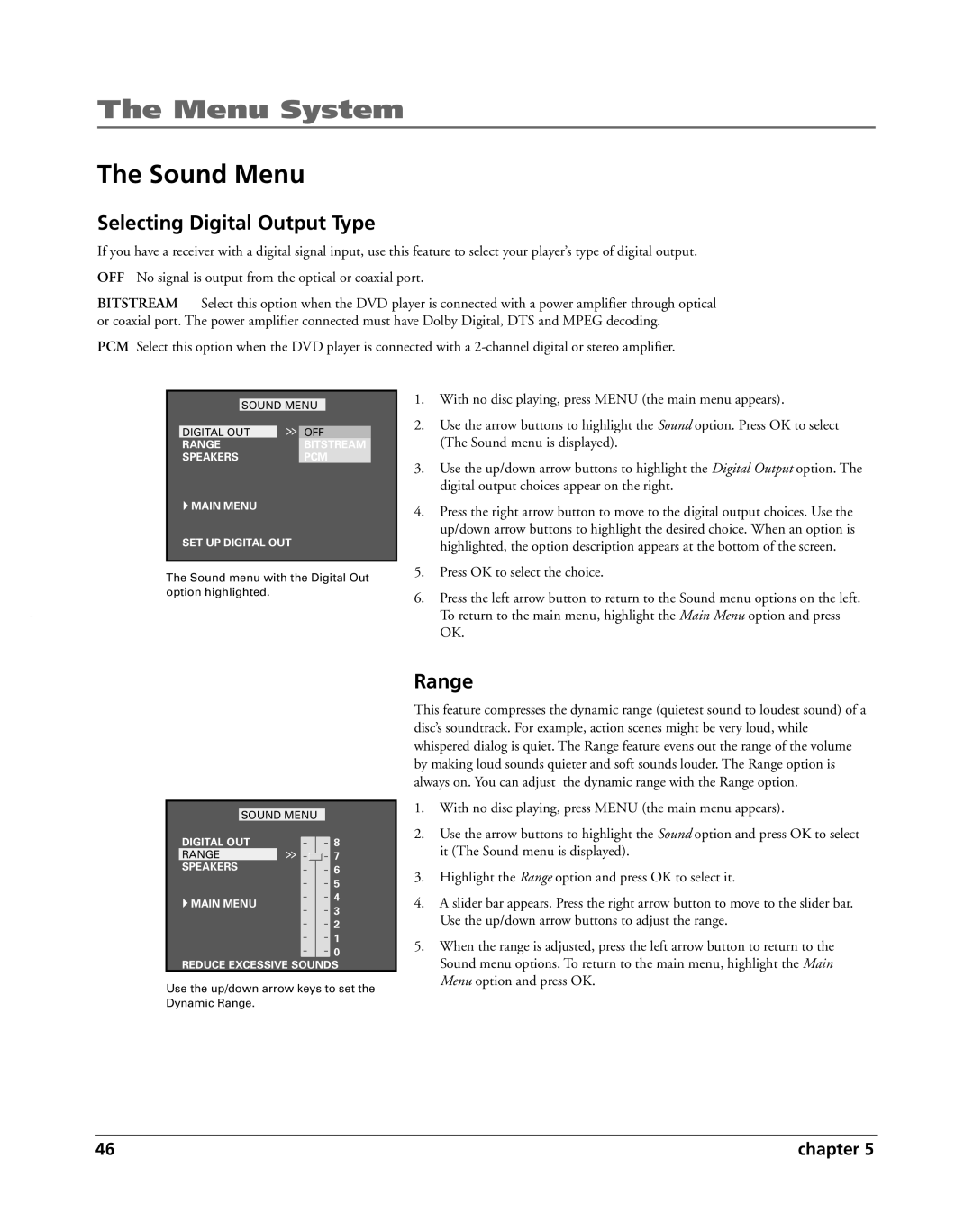 HP RC5240P manual Sound Menu, Selecting Digital Output Type, Range 