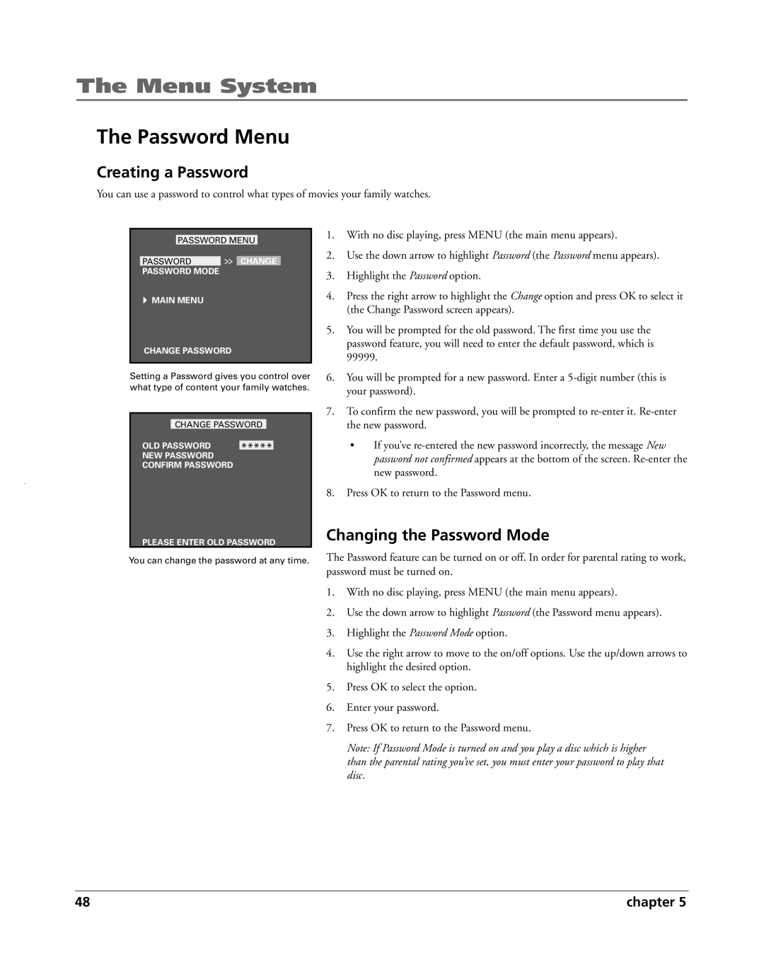 HP RC5240P manual Password Menu, Creating a Password, Changing the Password Mode 