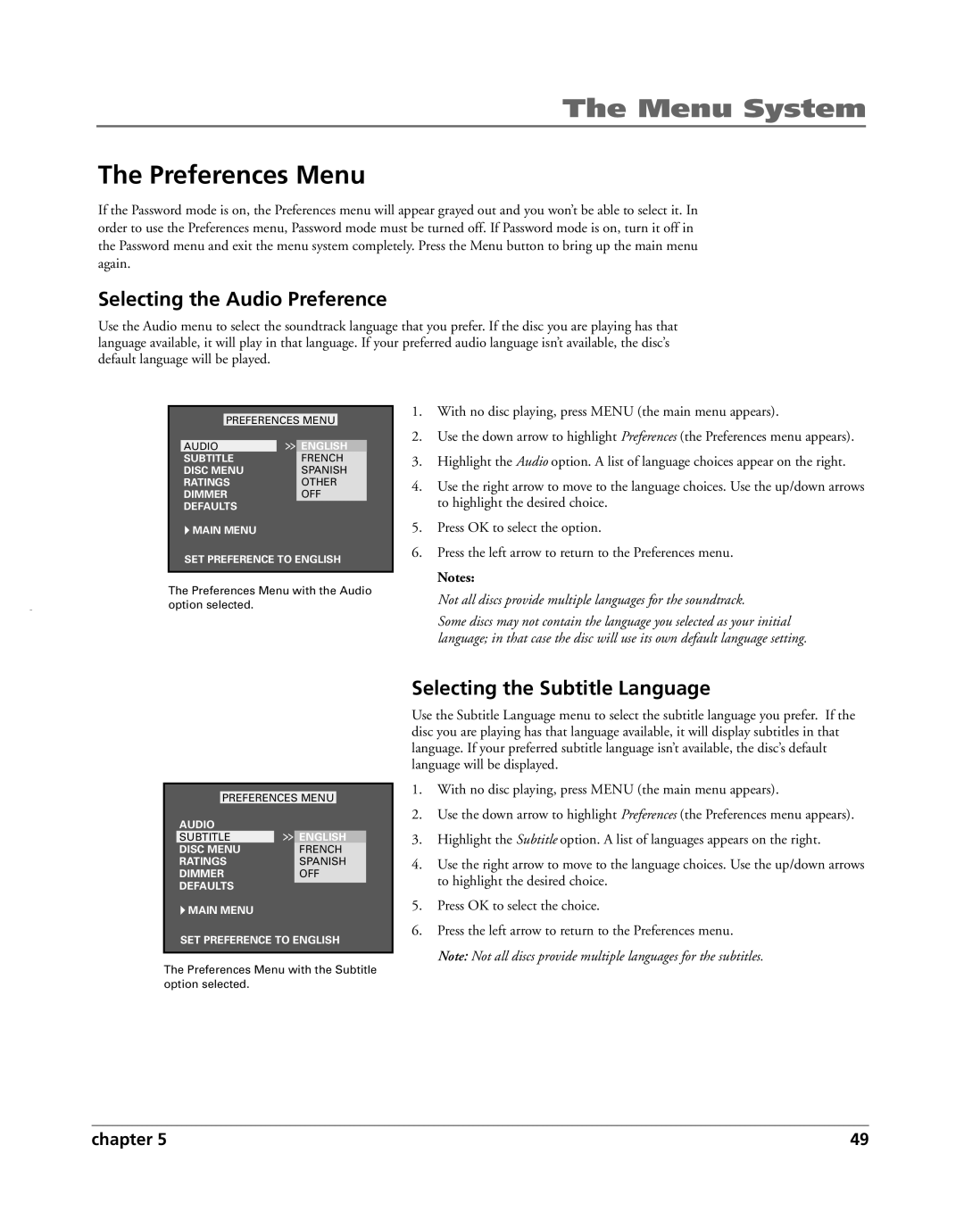 HP RC5240P manual Preferences Menu, Selecting the Audio Preference, Selecting the Subtitle Language 