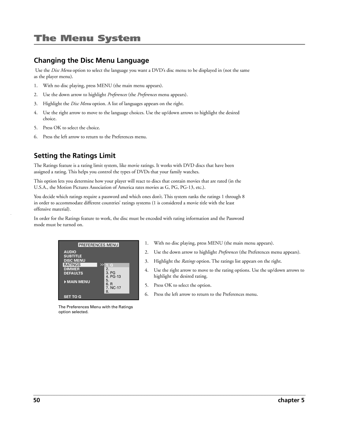 HP RC5240P manual Changing the Disc Menu Language, Setting the Ratings Limit 