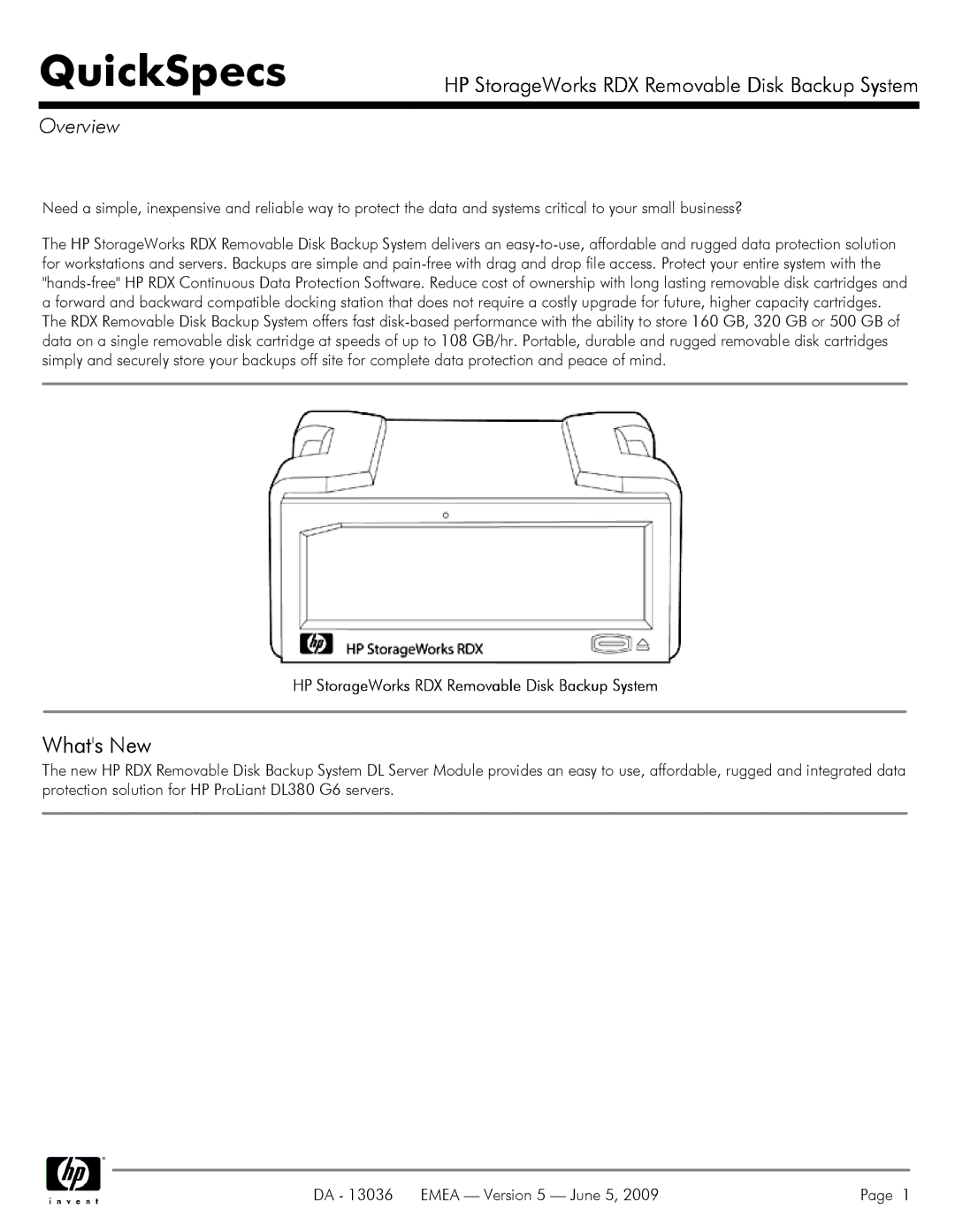 HP RDX REMOVABLE DISK BACKUP SYSTEM DL380 manual Whats New, Overview, HP StorageWorks RDX Removable Disk Backup System 