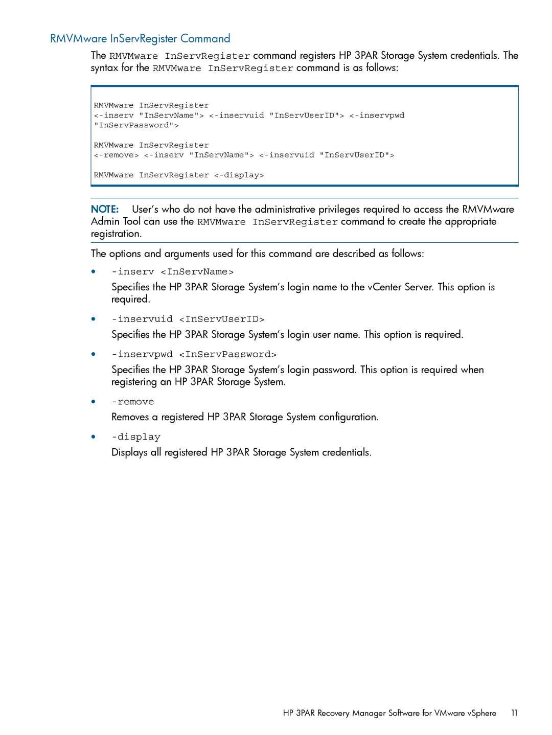 HP Recovery Manager Software for VMware vSphere manual RMVMware InServRegister Command 