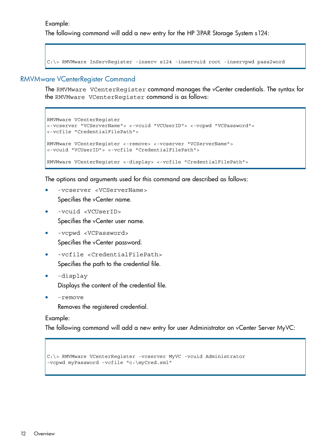 HP Recovery Manager Software for VMware vSphere manual RMVMware VCenterRegister Command 