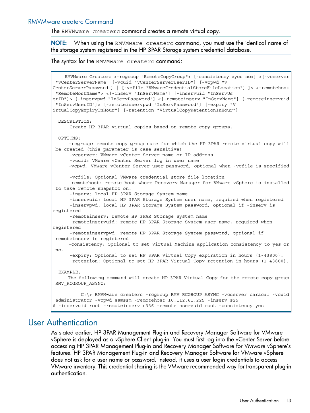 HP Recovery Manager Software for VMware vSphere manual User Authentication, RMVMware createrc Command 