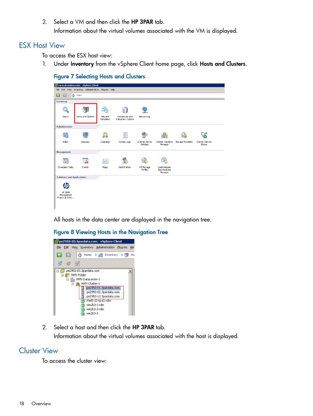 HP Recovery Manager Software for VMware vSphere manual ESX Host View, Cluster View 