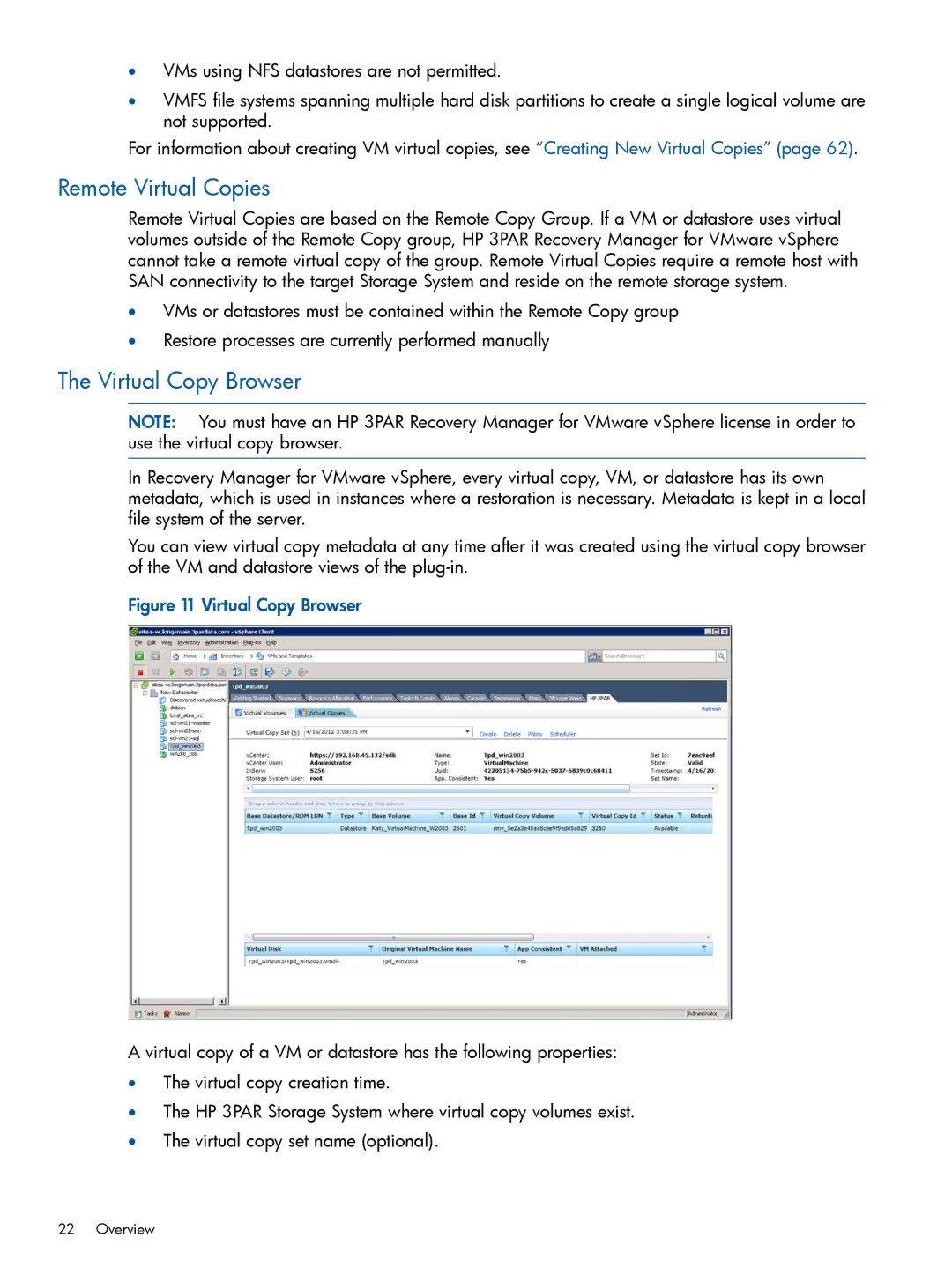 HP Recovery Manager Software for VMware vSphere manual Remote Virtual Copies, Virtual Copy Browser 