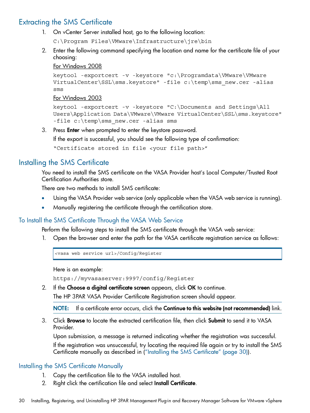 HP Recovery Manager Software for VMware vSphere manual Extracting the SMS Certificate, Installing the SMS Certificate 