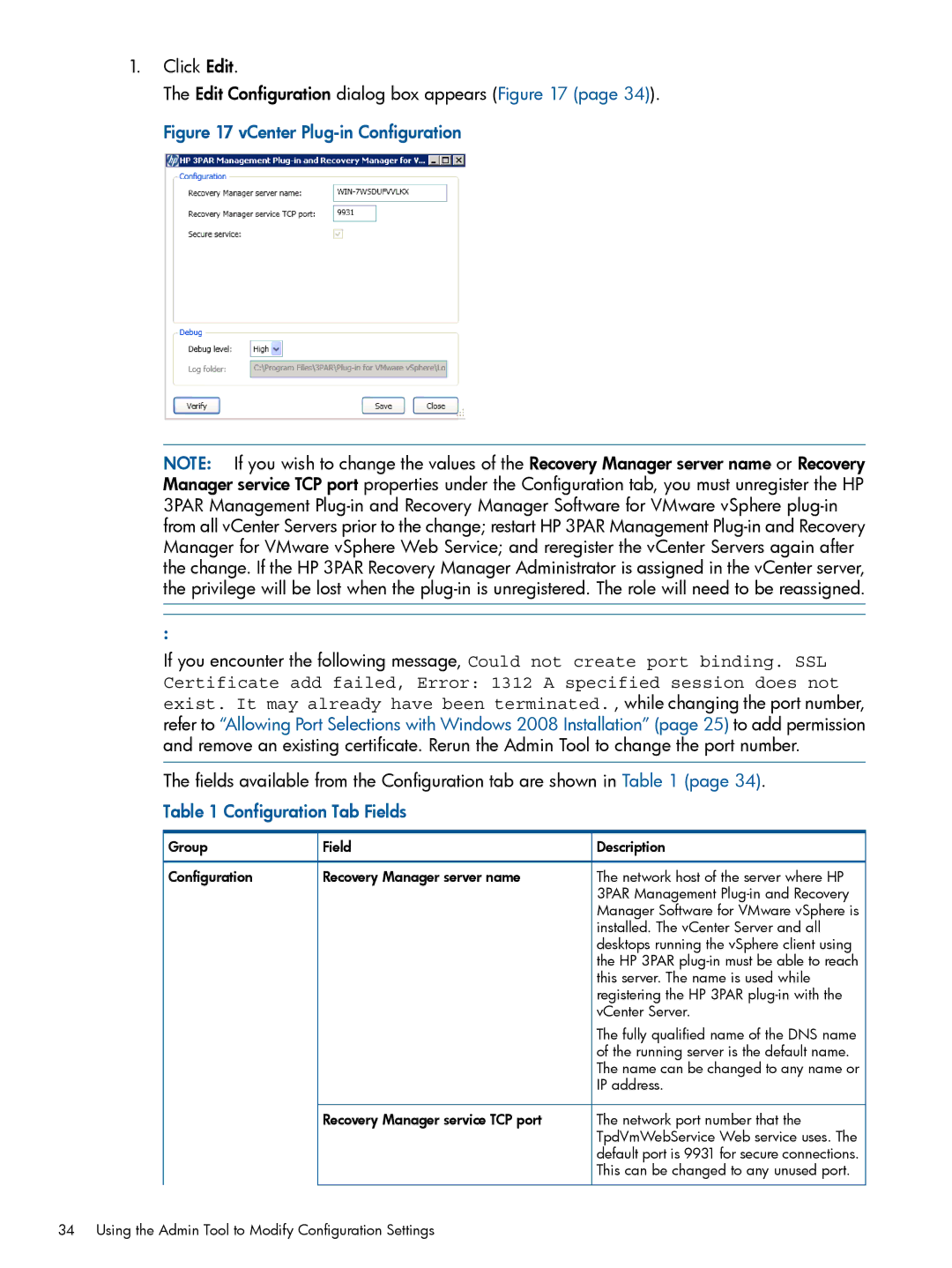 HP Recovery Manager Software for VMware vSphere manual Configuration Tab Fields 