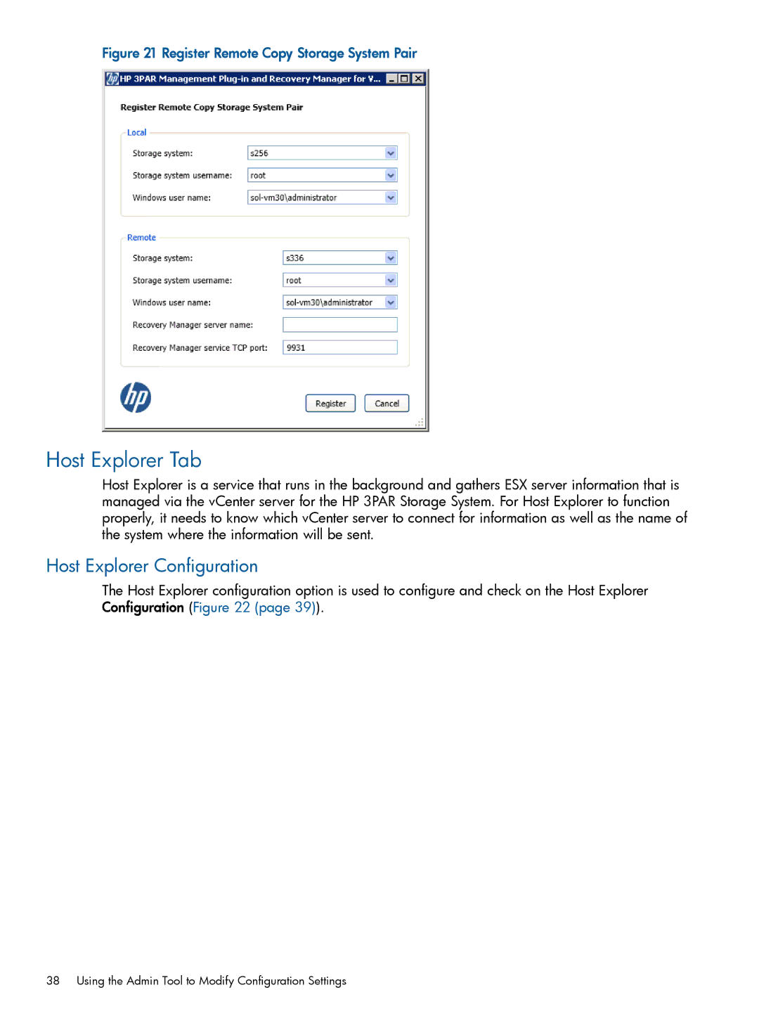 HP Recovery Manager Software for VMware vSphere manual Host Explorer Tab, Host Explorer Configuration 