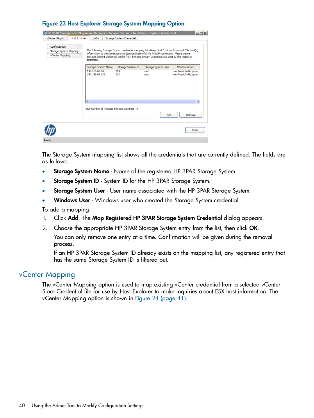 HP Recovery Manager Software for VMware vSphere manual VCenter Mapping, Host Explorer Storage System Mapping Option 