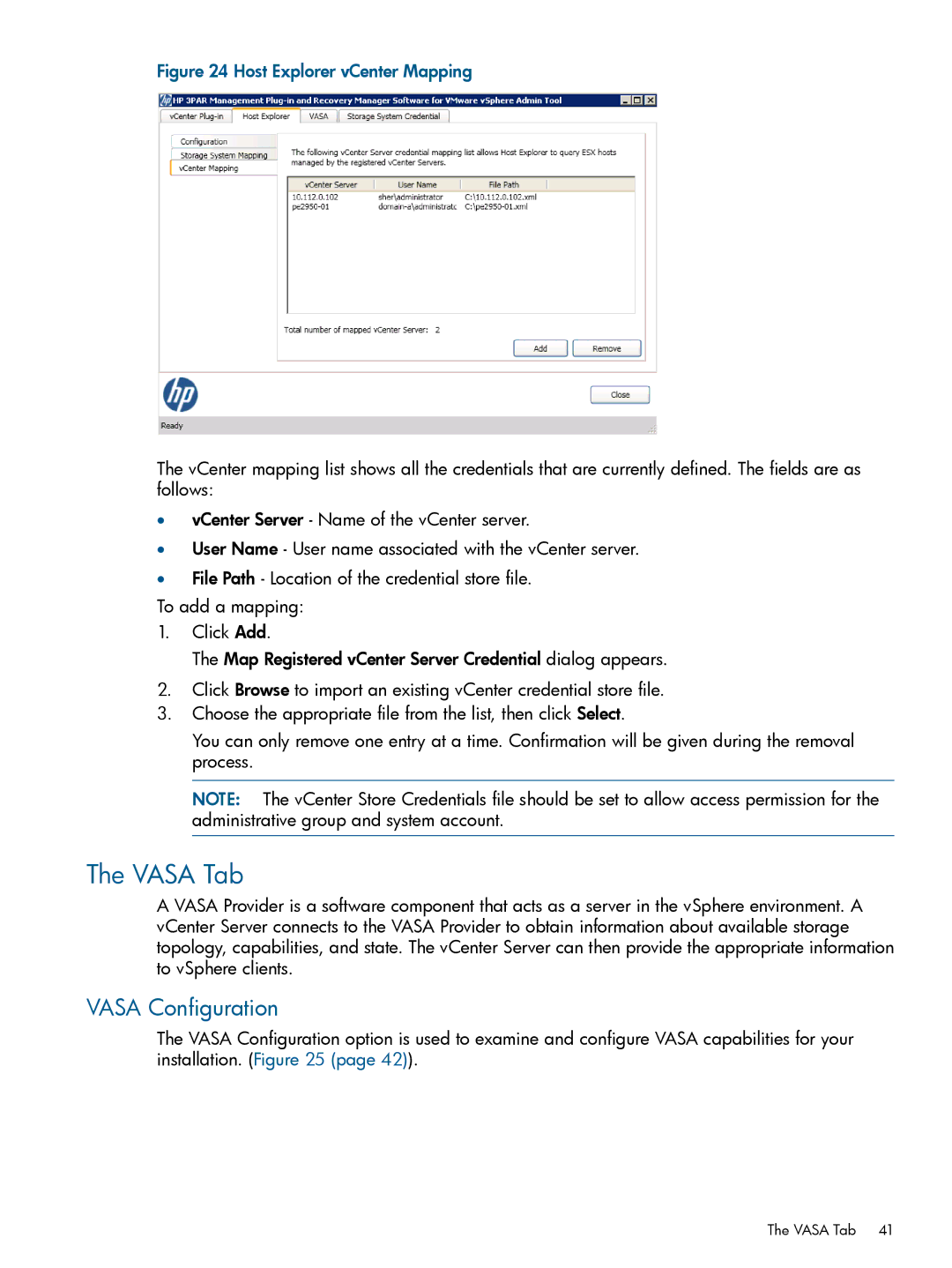 HP Recovery Manager Software for VMware vSphere manual Vasa Tab, Vasa Configuration 