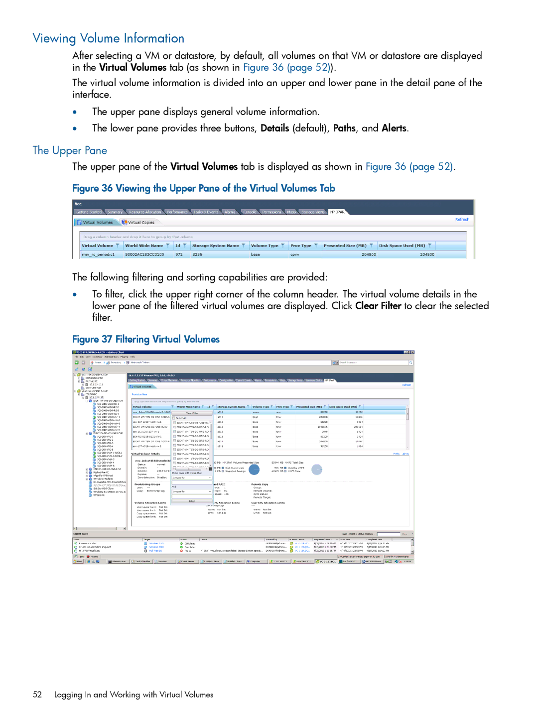 HP Recovery Manager Software for VMware vSphere manual Viewing Volume Information, Upper Pane 