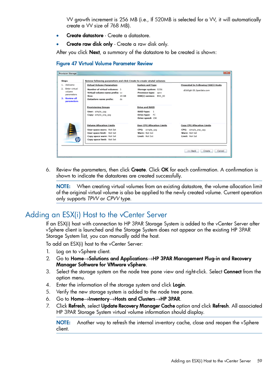 HP Recovery Manager Software for VMware vSphere Adding an ESXi Host to the vCenter Server, Virtual Volume Parameter Review 