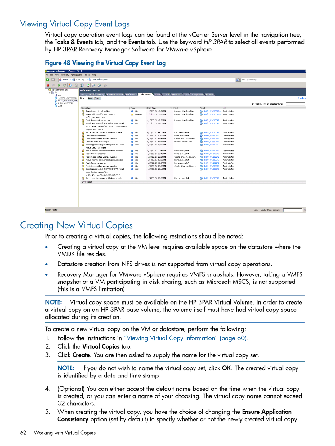 HP Recovery Manager Software for VMware vSphere manual Creating New Virtual Copies, Viewing Virtual Copy Event Logs 