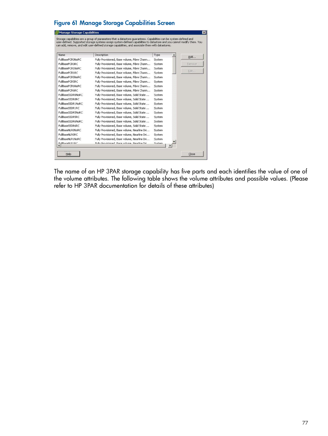 HP Recovery Manager Software for VMware vSphere manual Manage Storage Capabilities Screen 