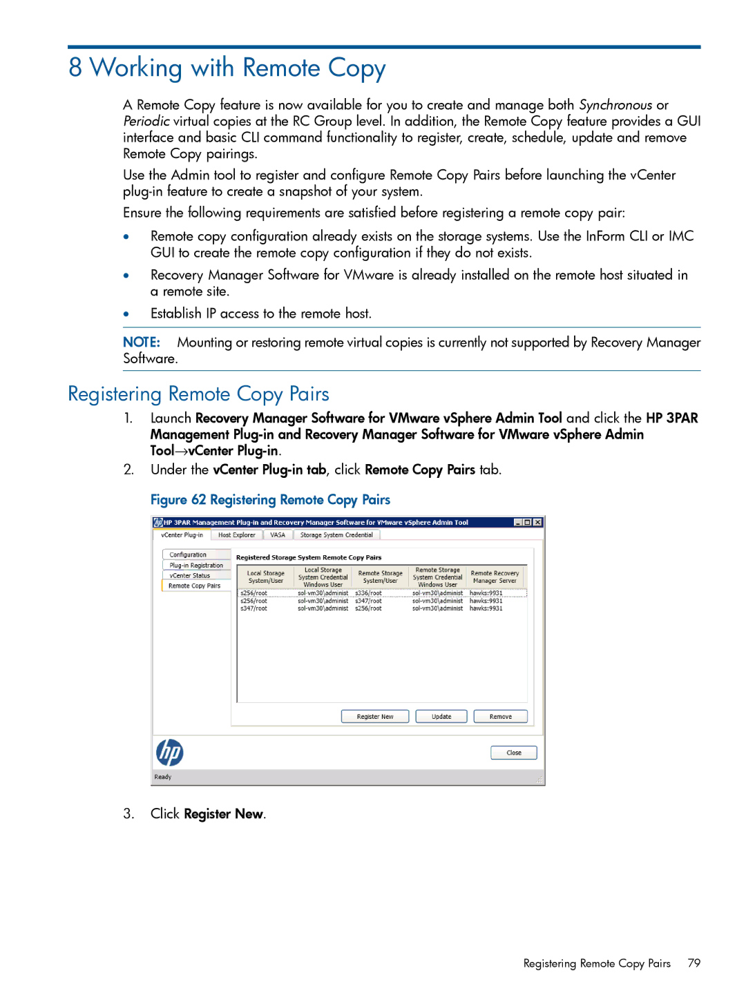 HP Recovery Manager Software for VMware vSphere manual Working with Remote Copy, Registering Remote Copy Pairs 