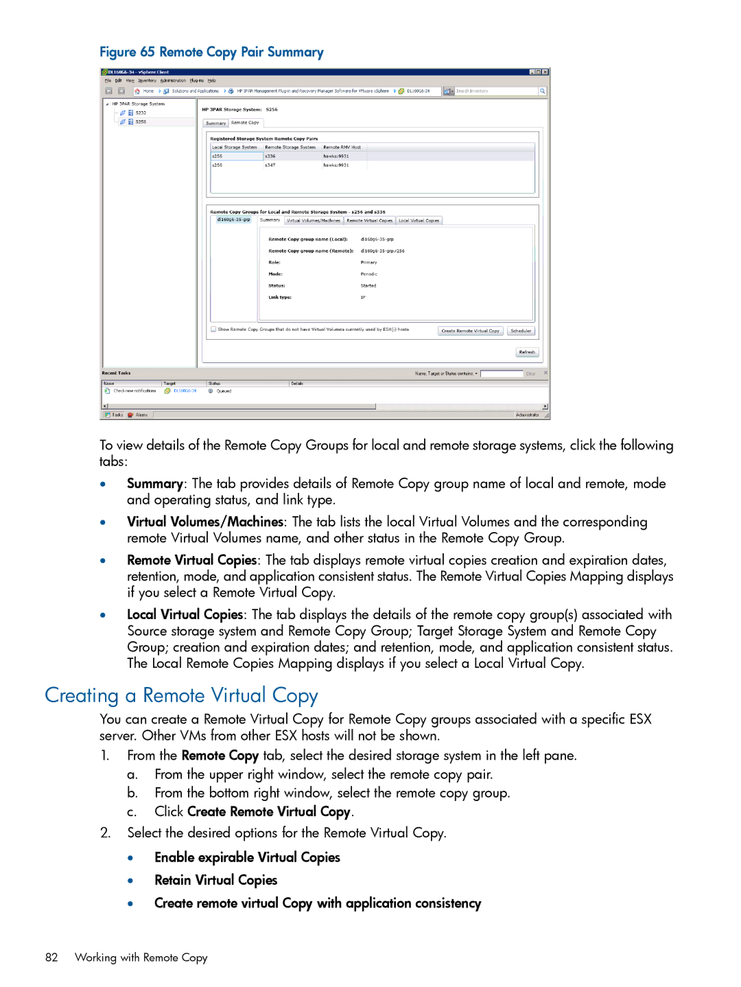 HP Recovery Manager Software for VMware vSphere manual Creating a Remote Virtual Copy, Remote Copy Pair Summary 