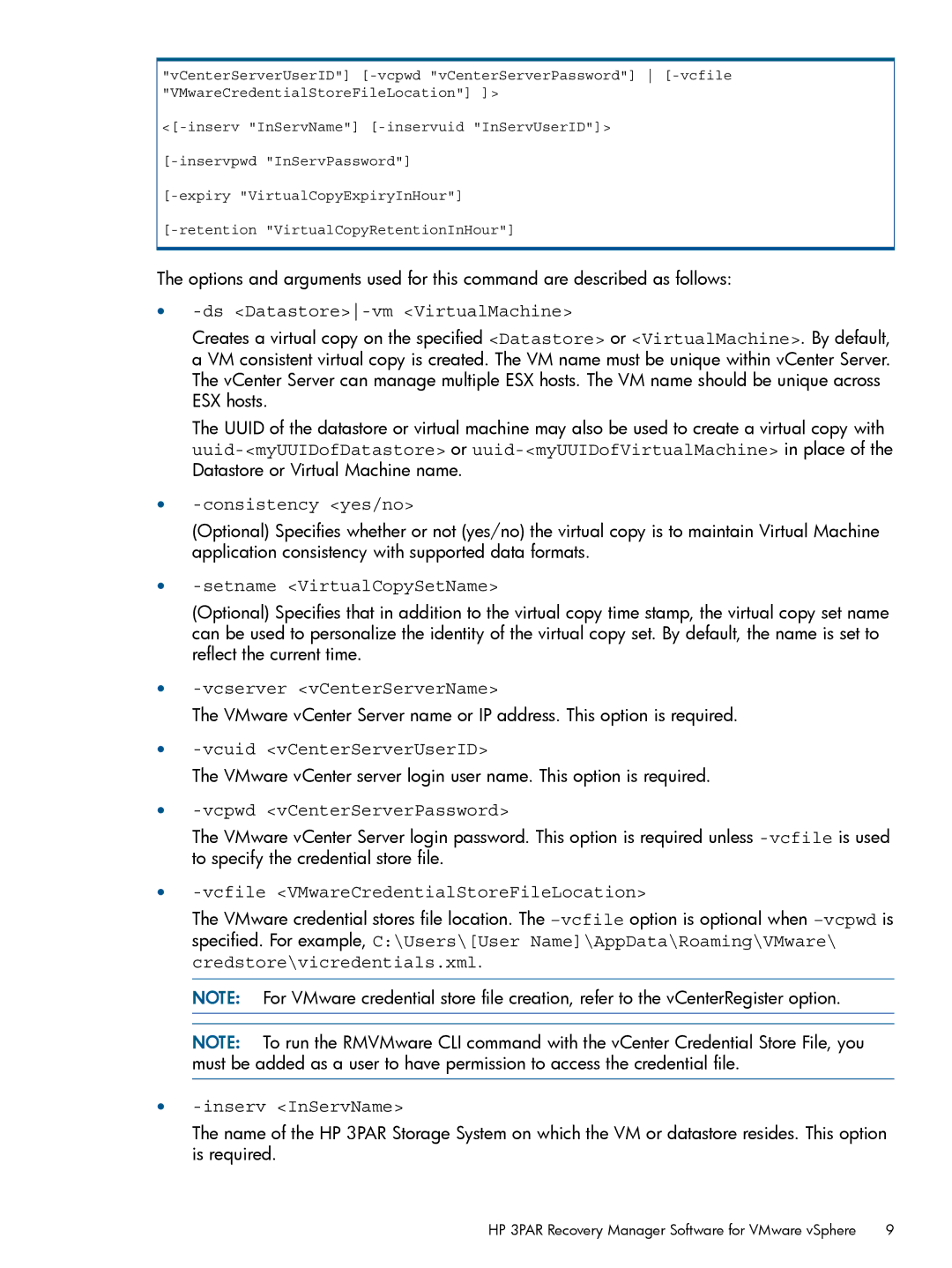 HP Recovery Manager Software for VMware vSphere manual Vcserver vCenterServerName 