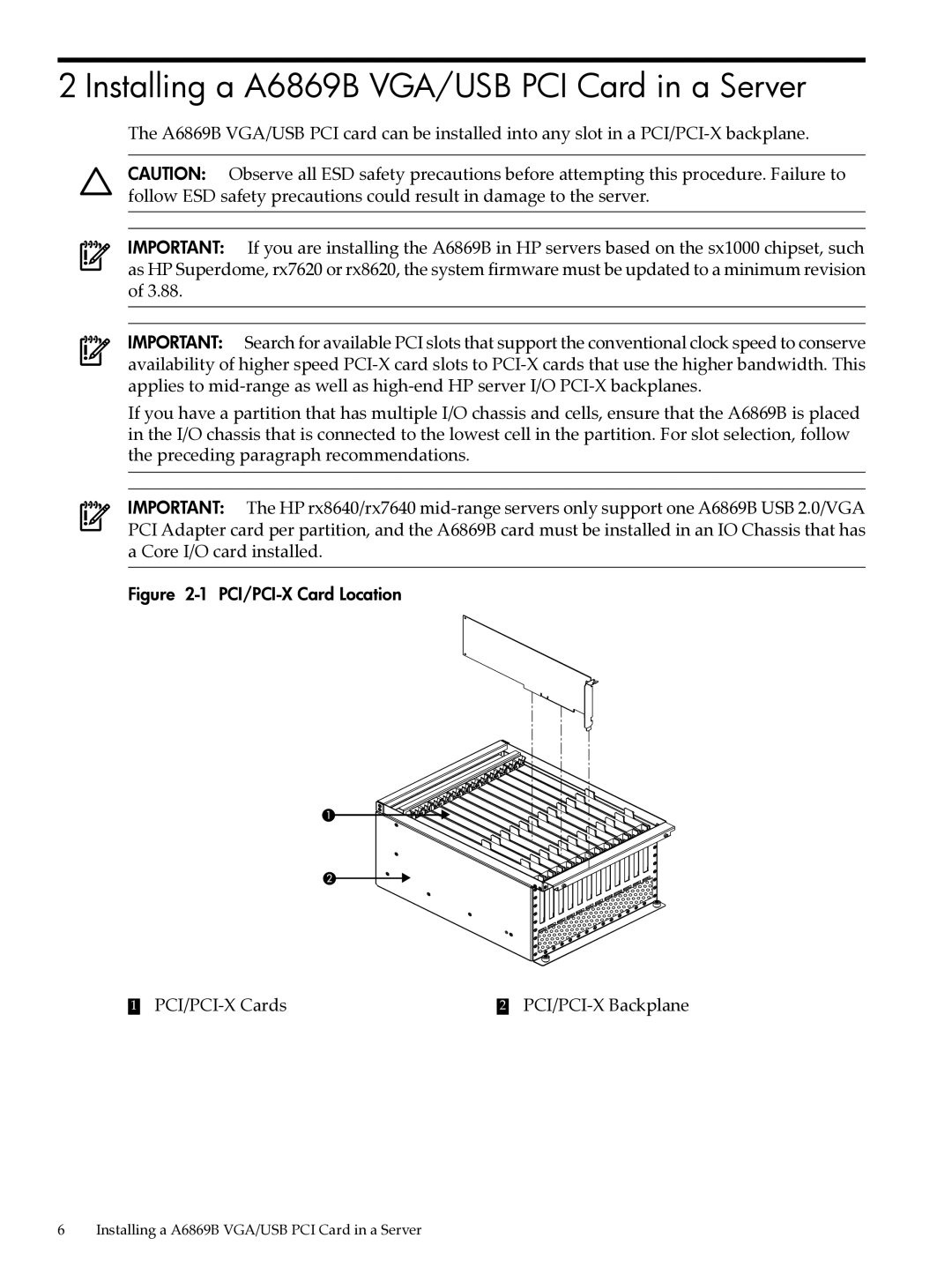 HP Remote Manageability and Graphics/USB Cards Installing a A6869B VGA/USB PCI Card in a Server, PCI/PCI-X Card Location 