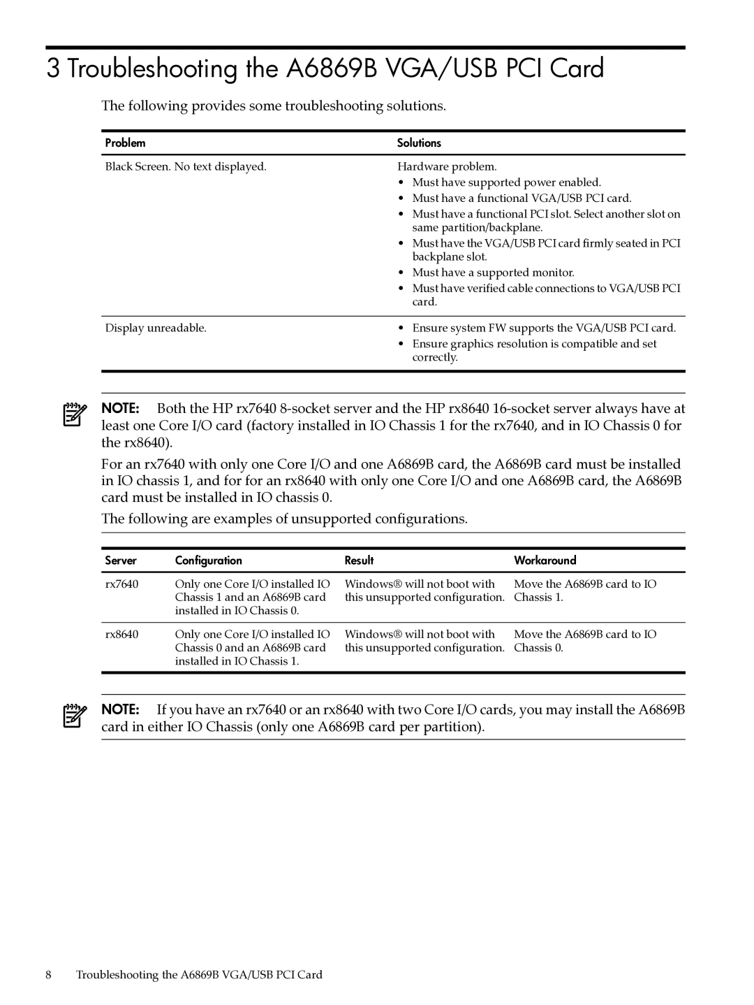 HP Remote Manageability and Graphics/USB Cards manual Troubleshooting the A6869B VGA/USB PCI Card 