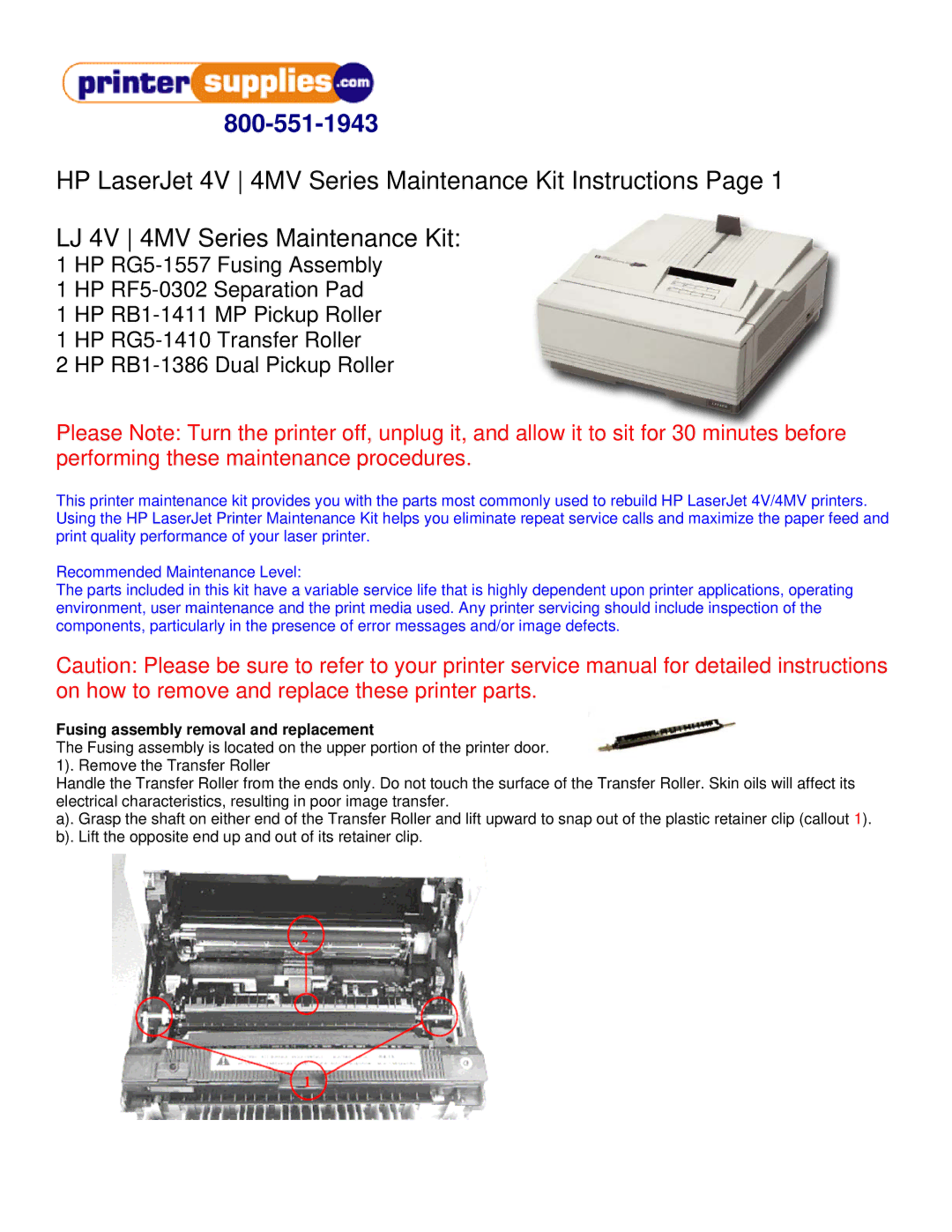 HP RB1-1411, RF5-0302, RB1-1386, RG5-1557, 4V, 4MV manual Fusing assembly removal and replacement 