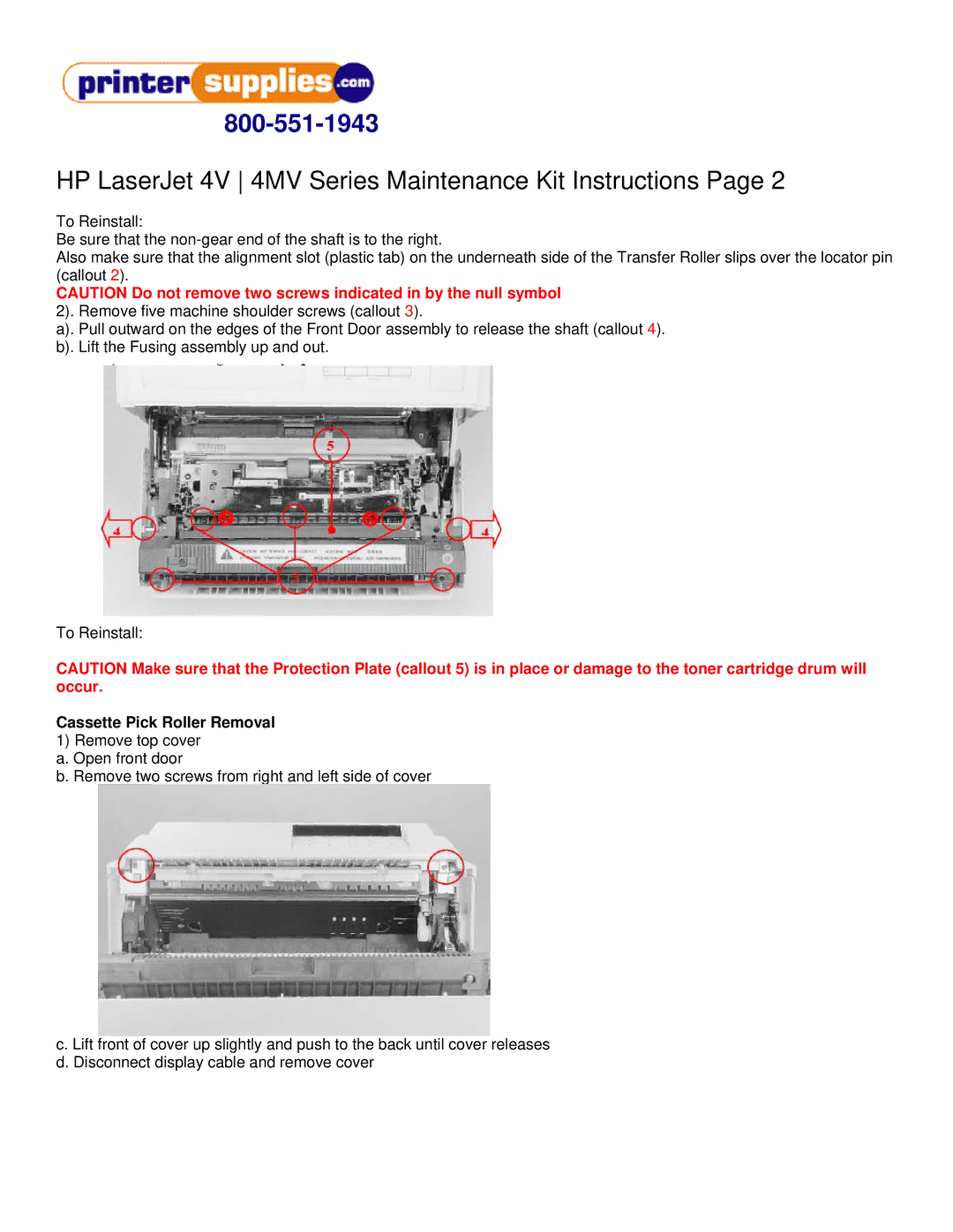 HP RB1-1386, RF5-0302, RB1-1411 manual HP LaserJet 4V 4MV Series Maintenance Kit Instructions, Cassette Pick Roller Removal 