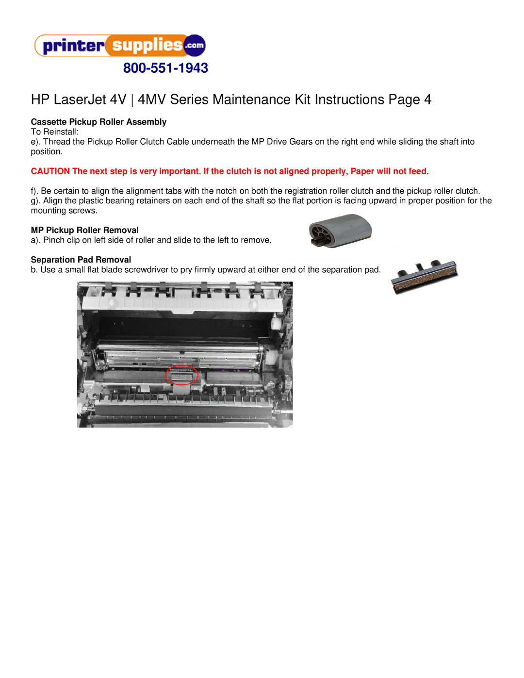 HP 4V, RF5-0302, RB1-1411, RB1-1386, 4MV Cassette Pickup Roller Assembly, MP Pickup Roller Removal, Separation Pad Removal 