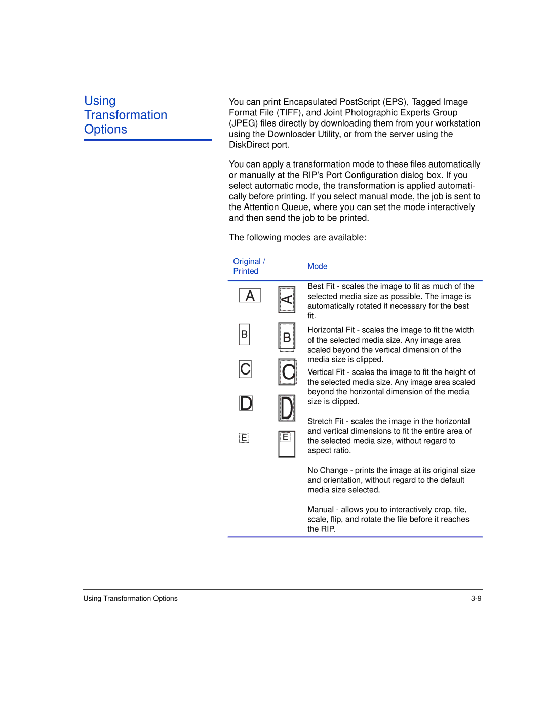 HP Rip Software manual Using Transformation Options, Original Mode Printed 