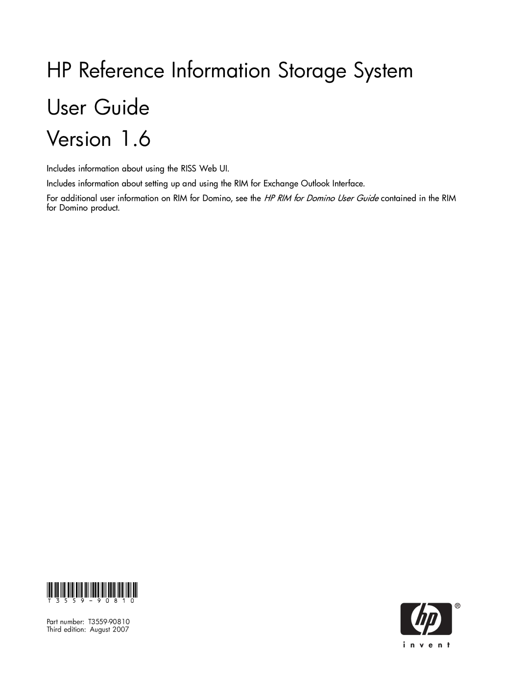 HP RISS Components manual HP Reference Information Storage System User Guide Version 