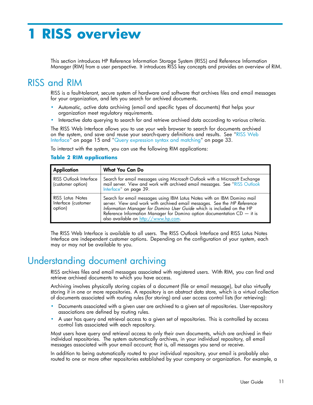 HP RISS Components manual Riss and RIM, Understanding document archiving, RIM applications, Application What You Can Do 