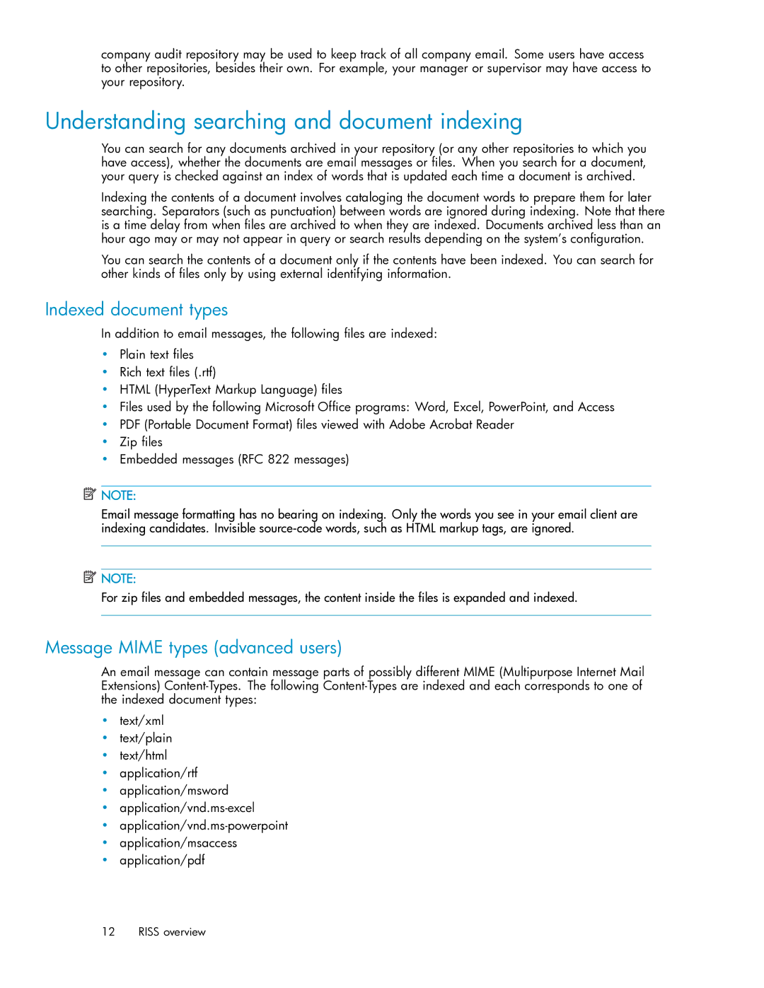 HP RISS Components manual Understanding searching and document indexing, Indexed document types 