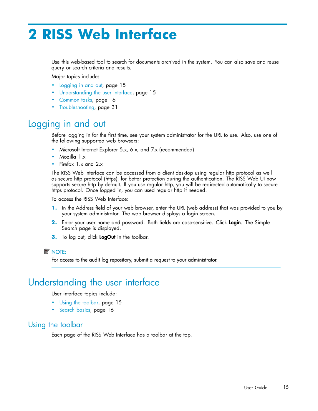 HP RISS Components Logging in and out, Understanding the user interface, Using the toolbar, User interface topics include 