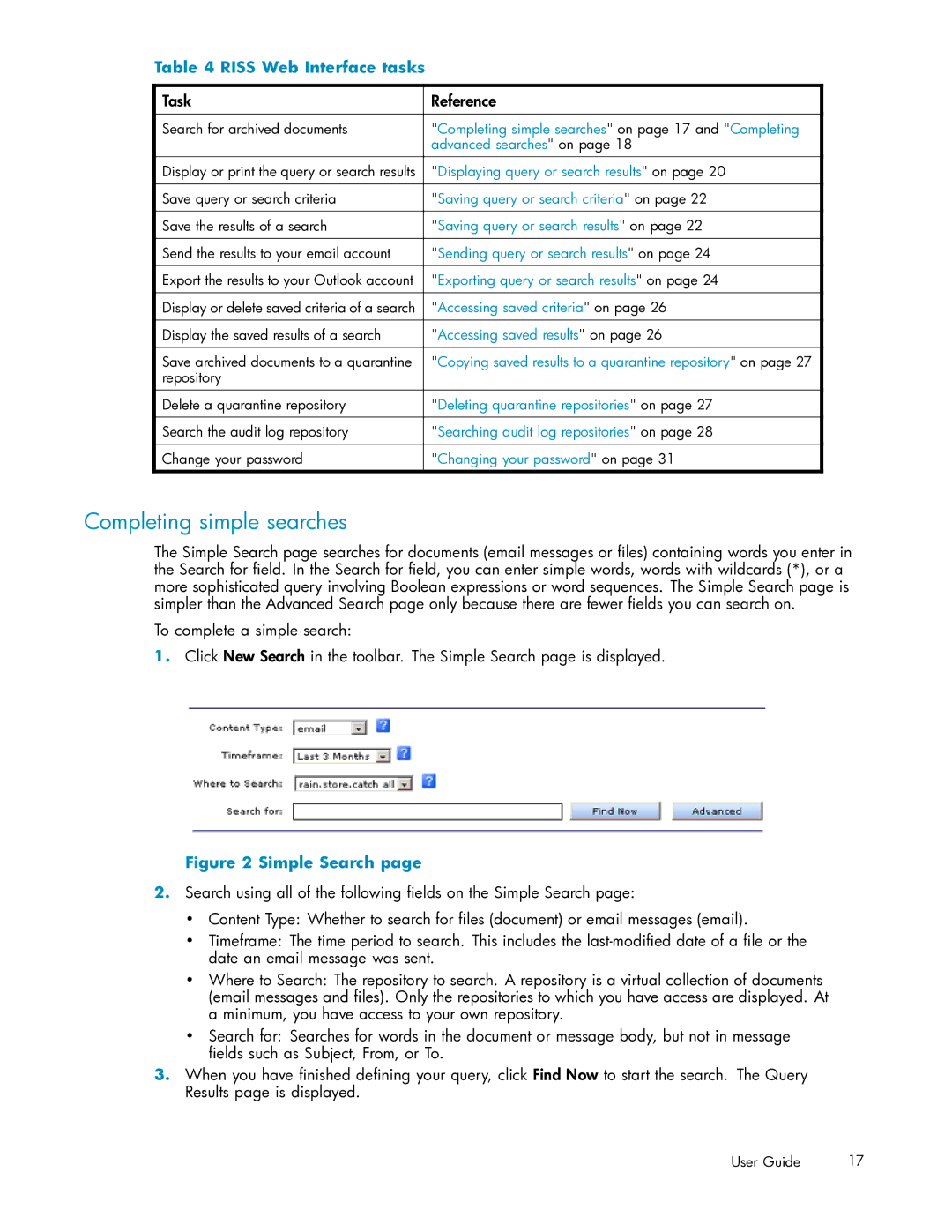 HP RISS Components manual Completing simple searches, Riss Web Interface tasks, Task Reference 