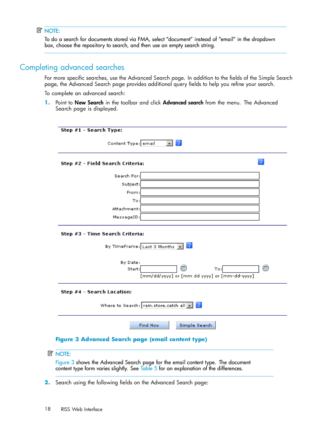 HP RISS Components manual Completing advanced searches, Search using the following ﬁelds on the Advanced Search 