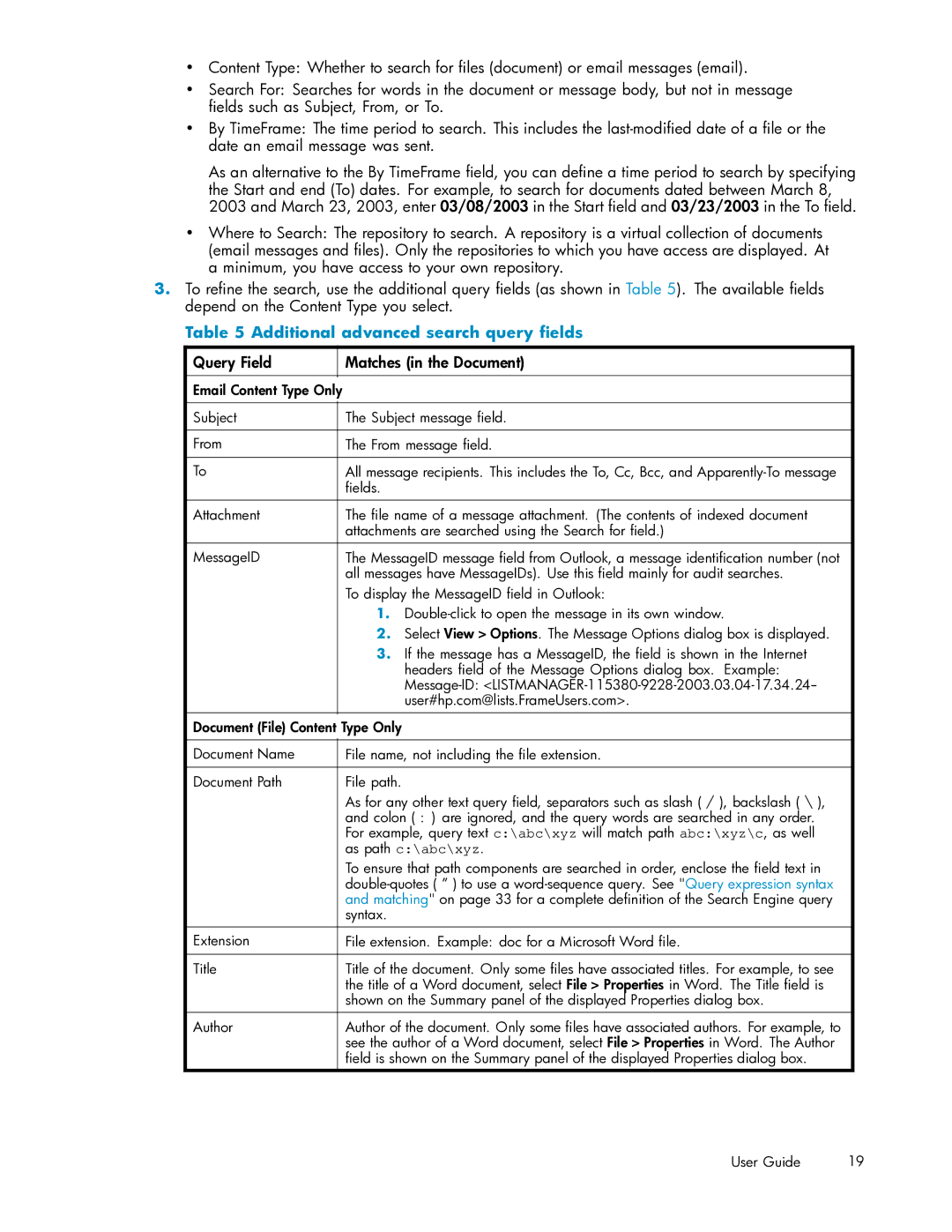 HP RISS Components manual Additional advanced search query ﬁelds, Query Field Matches in the Document 